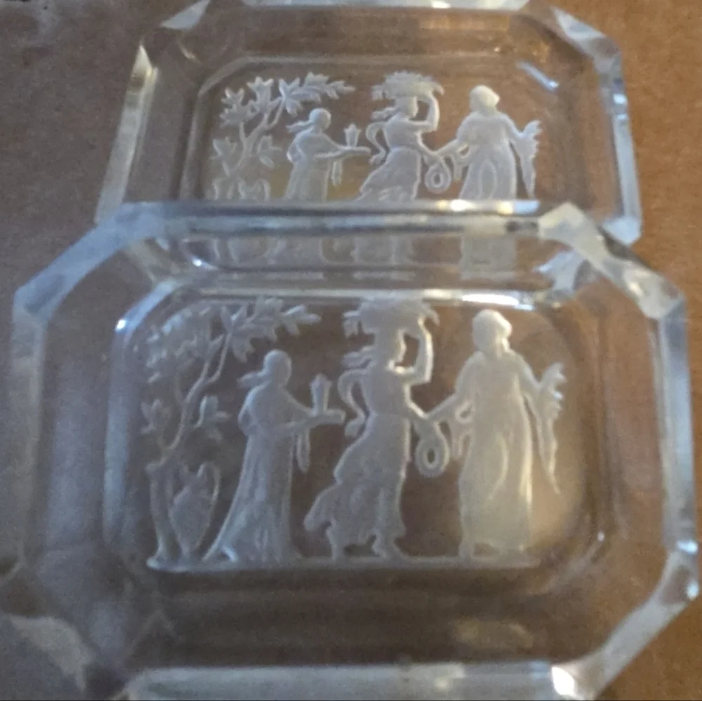 2‎ Vintage Crystal Intaglio Salt Cellar Dish Three Graces Greek Style Cut Glass